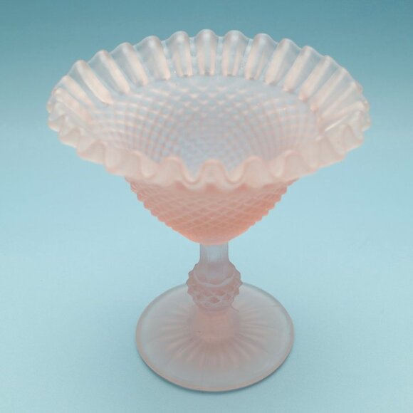 Frosted Pink Satin Vintage Candy Holder Compote - Crimped - Picture 1 of 4